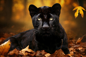 Black Leopard with nature background style with autum