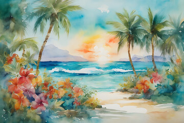 Fototapeta na wymiar Beach and a Palm Tree, beach watercolor painting