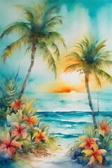 Fototapeta na wymiar Beach and a Palm Tree, beach watercolor painting