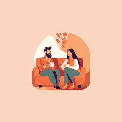 beautiful couple sitting on sofa having a cup of coffee