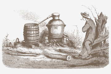Vintage alcohol distillation. Alcohol making process. Copper still - obrazy, fototapety, plakaty