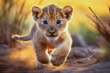 Charming African lion cub runs across the savannah.