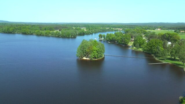 Smooth aerial top view flight 
Natural Summer Paradise idyllic Island in Lake, Chlum in Czech, day 2023. speed ramp Hyperlapse motionlapse timelapse
4K Cinematic