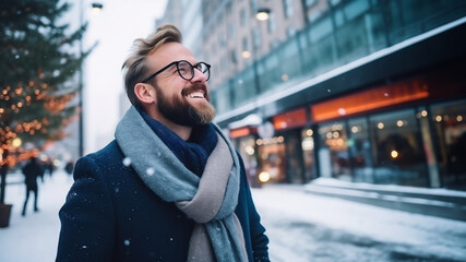 Happy nordic business man in a city in winter. Concept of business, success and entrepreneurship - 633576623