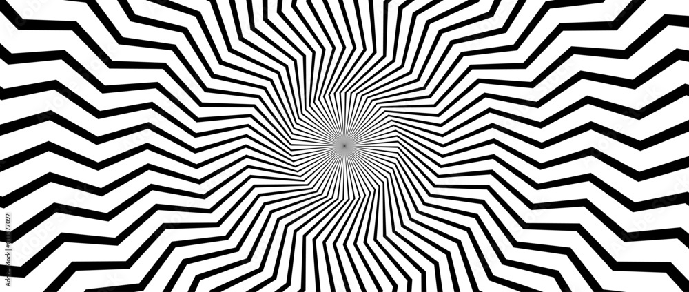 Poster optical illusion background. black and white abstract zigzag lines surface. radial sunburst poster d