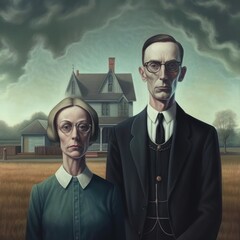 Rural Realism: Unveiling the Heartland in Grant Wood's 'American Gothic, generative ai - obrazy, fototapety, plakaty