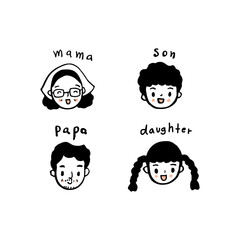 Cute happy family members faces, hand drawn icon style vector