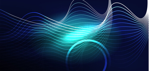 Neon laser lines, circles waves abstract background. Neon light or laser show, electric impulse, power lines, techno quantum energy impulse, magic glowing dynamic lines