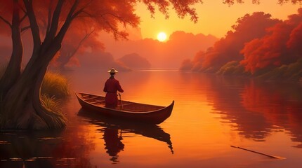 A tranquil river scene painted in gold and crimson hues, with a lone fisherman and ethereal atmosphere