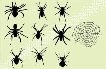 Set of black silhouette spiders. Insects with web net icon in editable Flat vector illustration. eps 10.