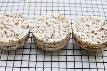 Round crispy rice crackers. Rice cakes