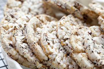 Round crispy rice crackers. Rice cakes