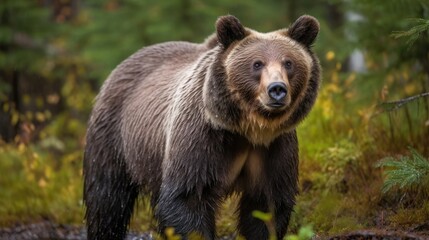 large brown grizzly bear walking through the woods