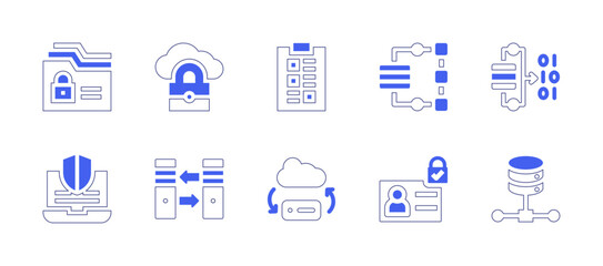 Data icon set. Duotone style line stroke and bold. Vector illustration. Containing data, security, analytics, protection, transfer, secure, server.