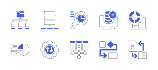 Data icon set. Duotone style line stroke and bold. Vector illustration. Containing file, system, data, transfer, analytics, database, analysis, report, server, block, scheme, exchange.