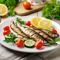 Fresh Grilled sardines served with fresh tomatoes, cucumber slices, and lemon on white plate for mediterranean healthy meal. Generative AI