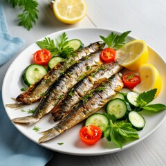 Fresh Grilled sardines served with fresh tomatoes, cucumber slices, and lemon on white plate for mediterranean healthy meal. Generative AI