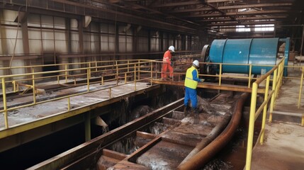 Naklejka premium men in full hazmat suits cleaning chemicals and industrial waste