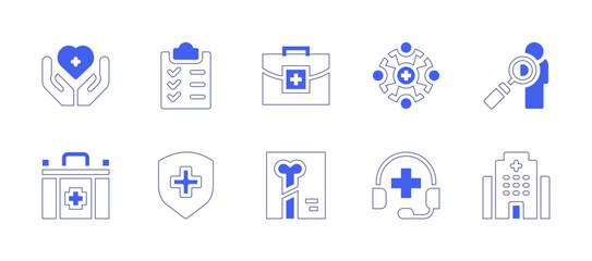 Medical icon set. Duotone style line stroke and bold. Vector illustration. Containing medical, care, checklist, kit, organization, body, first, aid, insurance, x, ray, phone, call, hospital.