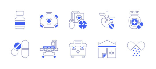 Medical icon set. Duotone style line stroke and bold. Vector illustration. Containing medicine, emergency, kit, blood, pressure, gauge, heart, attack, medicines, stretcher, first, aid.