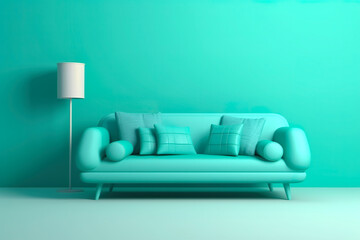 turquoise, green sofa in a room and white lamp 