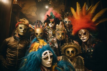 Fototapeta na wymiar Group Of People Wearing Festive Masks, Generative AI