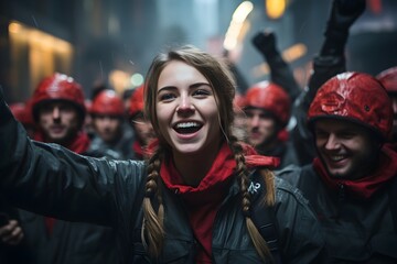 Women smiling in rainy day with many people in back