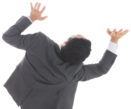 Digital png photo of caucasian businessman raising hands on transparent background