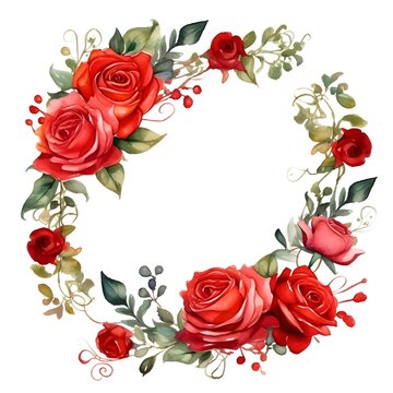 Watercolor red roses wreaths. Floral clip art. Frames perfectly for print on wedding invitation, greeting card, wall art, stickers and other. Isolated on white background. Hand paint design
