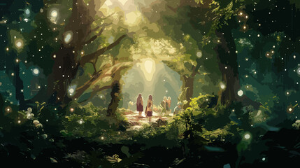 A gathering of mythical beings in a hidden forest glade, medium: digital art, style: whimsical and enchanting, lighting: dappled sunlight through leaves, colors: vibrant greens and soft fairy lights, 