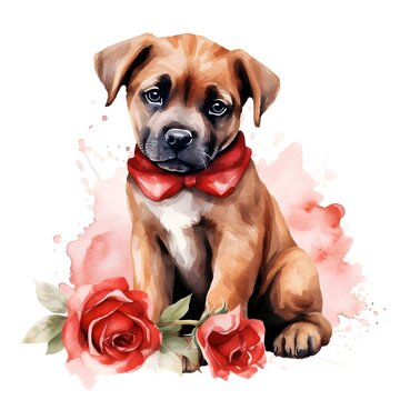 dog and rose. perfectly for print on wedding invitation, greeting card, wall art, stickers and other. Isolated on white background. Hand paint design
