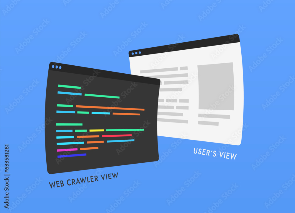 Poster comparison and difference in how search engine crawler spider bot and user sees web page. crawler bo
