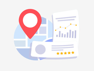 Local SEO Statistics and Trends for small businesses. Local searches analysis and ranking concept illustration. Compare proximity audit. My business local listing statistics - obrazy, fototapety, plakaty