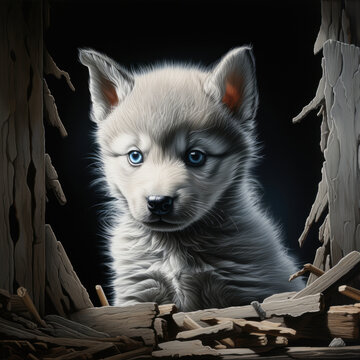 Little cute wolf cub with blue eyes