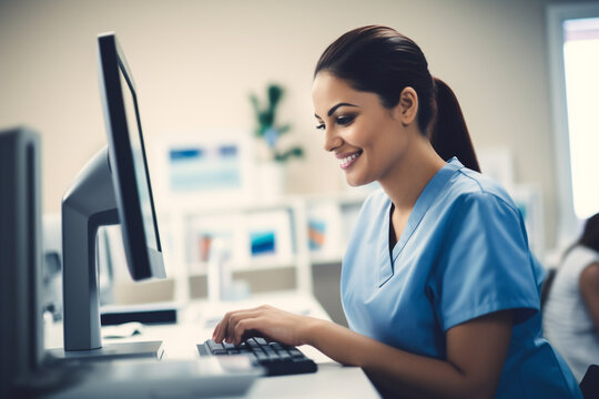 Clinic's Head Nurse Is Using A Desktop Computer To Efficiently Manage And Attend To Patient Needs