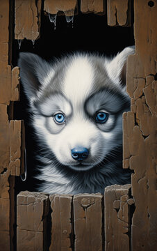 Little cute wolf cub with blue eyes, photorealistic color illustration. AI generated