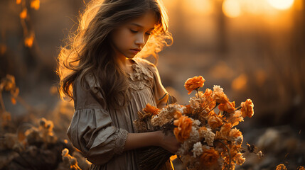 Child and dried flower bouquet in the soft glow of twilight, a blend of youthful wonder and nature's eternity, generative AI
