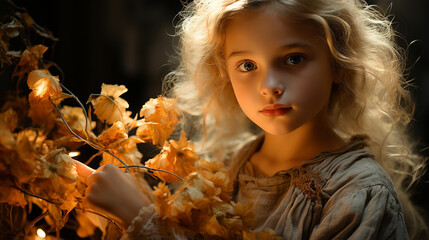 Child holding a bouquet of dried flowers in the embrace of twilight, where innocence meets ageless beauty, generative AI
