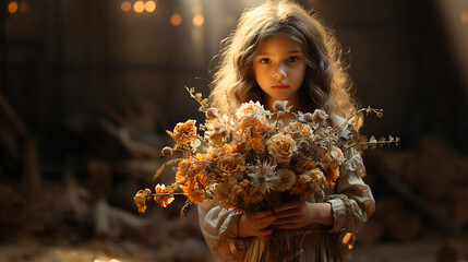 In the hush of twilight, a child's admiration for a bouquet of dried flowers, nature's beauty through innocent eyes, generative AI.