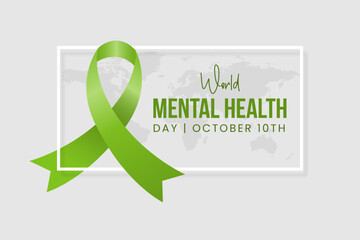 World Mental Health Day October 10th illustration with green ribbon and frame on world map background