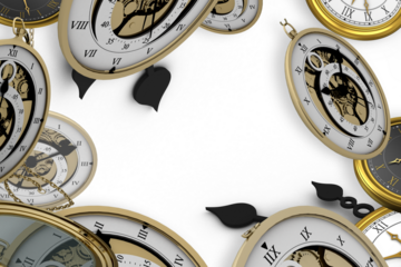Digital png illustration of golden clocks on transparent background