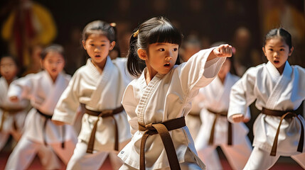 Asian kids karate martial arts. Taekwondo. Generative Ai