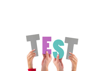 Digital png illustration of hands with test text on transparent background