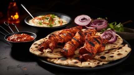 Traditional Bangladeshi Testy food chicken tandoori and Tikka with garlic naan. Generative AI - obrazy, fototapety, plakaty