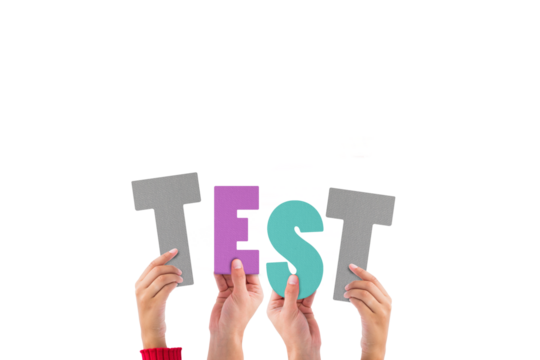 Digital png illustration of hands with test text on transparent background