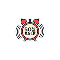 Digital png illustration of clock with 50 percent off sale text on transparent background