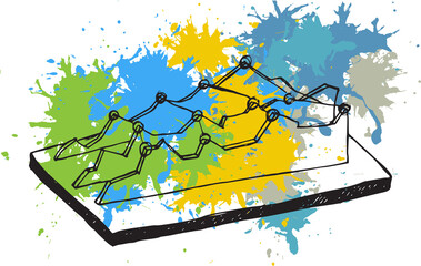Digital png illustration of diagrams and colourful stains on transparent background