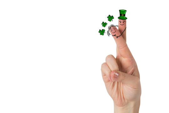 Digital png photo of fingers with st patrick's day decorations on transparent background - Powered by Adobe