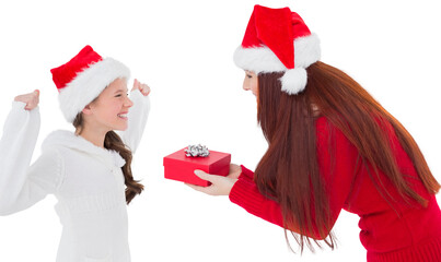 Digital png photo of caucasian daughter with mother with gift on transparent background