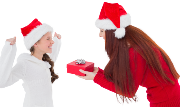 Digital png photo of caucasian daughter with mother with gift on transparent background - Powered by Adobe